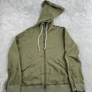 Gentry Garb Distressed Moto Zip Hoodie 3XL Olive Men Streetwear Gold Hardware